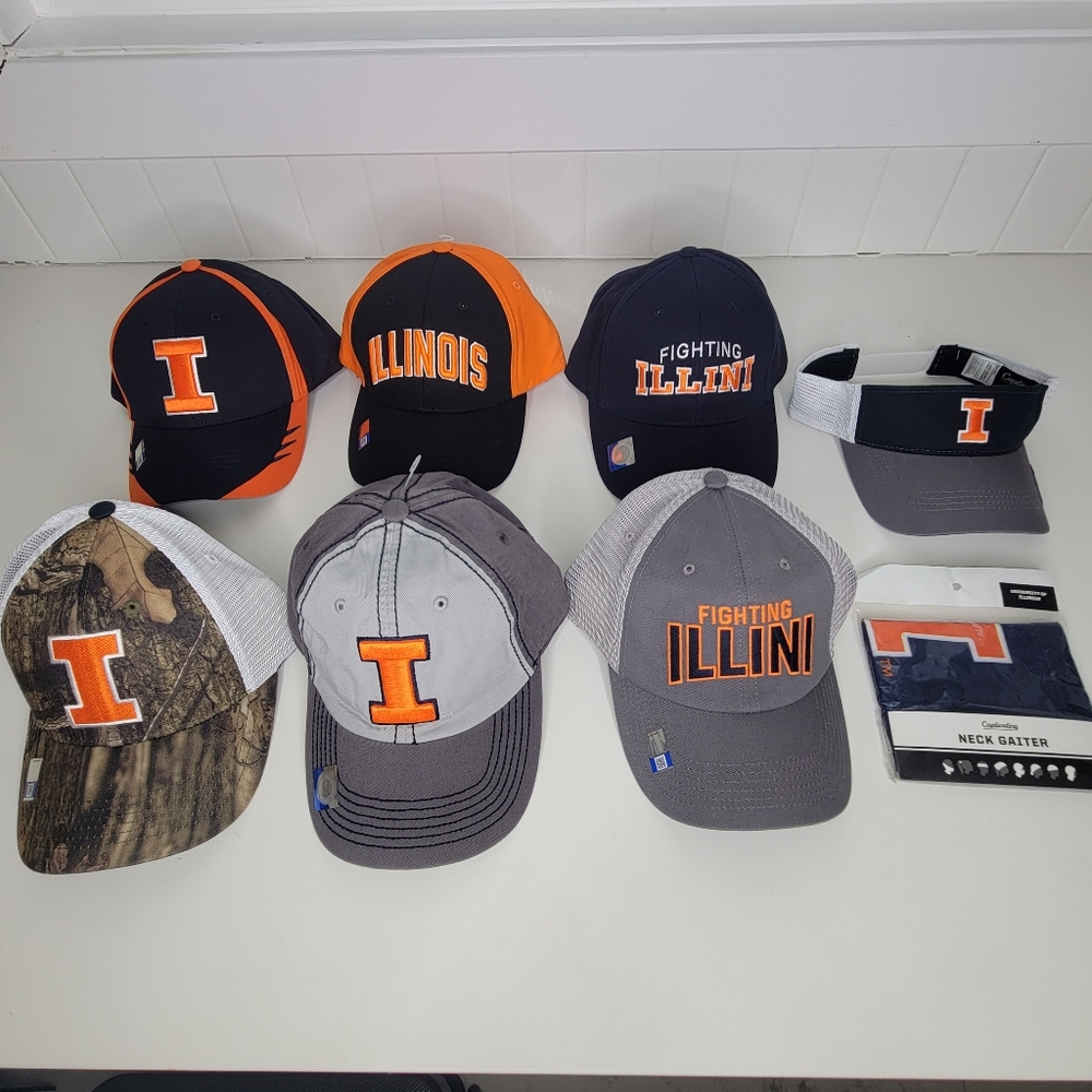 Illinois Fighting Illini Lot Of Caps / Hats, Visor, & Neck Gaiter (8 Items) NEW